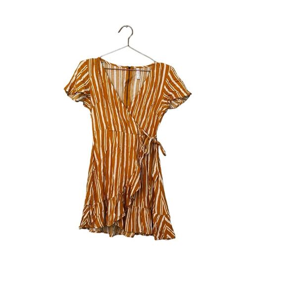 Xhilaration Striped Wrap Short Sleeve Ruffle Mini Dress -Mustard & White stripes - Picture 1 of 6
